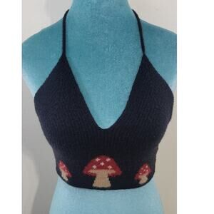 Romwe Cropped Halter Top Womens XS Mushroom Boho Hippie Y2K Black Top